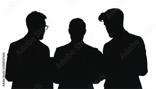 Businessmen standing in a group are depicted as black silhouettes against a pure white background to represent a professional team gathering for a strategic corporate meeting in a modern office space.