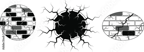 Cracked brick wall textures and dark hole fissure vector elements