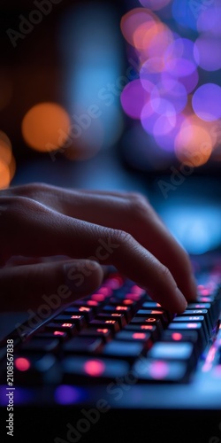 Hands dance over a glowing keyboard at night