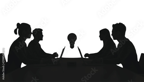 Teamwork silhouette depicts a group of four diverse professionals gathered around a conference table during a strategic brainstorming session to generate innovative ideas within a corporate setting.