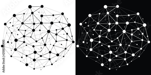 Photos Abstract geometric network sphere vector icon with connected dots and lines representing digital data transmission, global technology connection, and artificial intelligence neural system