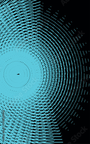 Abstract blue concentric line circle pattern on dark black vertical background