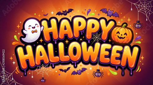 Colorful Happy Halloween cartoon banner with cute ghost, smiling pumpkin, bats, spiders and cobwebs on an orange and purple background.