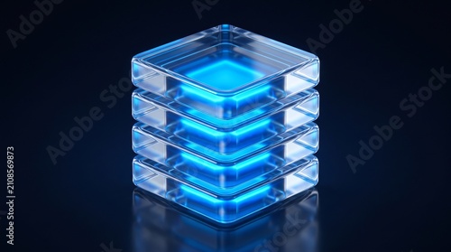 Futuristic data server icon with glowing blue light, transparent glass block storage concept, high-tech digital database infrastructure