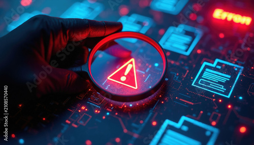 Person in black glove uses magnifying glass to inspect glowing red warning sign on digital document interface. Cyber security expert checks for system bug data breach. Forensic investigator monitors