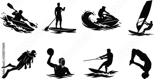 Canvastavla Water sports silhouettes icon set featuring kayaking paddleboarding jet skiing w