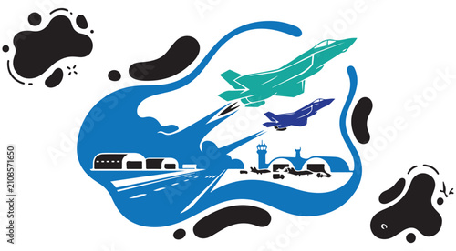 Obraz na płótnie Military airbase vector illustration with fighter jets taking off from runway an