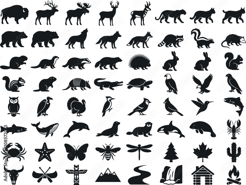 Fototapeta premium North American wildlife, forest animals, marine life and outdoor nature black silhouette vector icon collection for adventure design