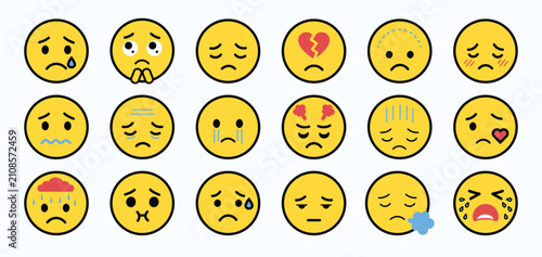 Obraz na płótnie Collection of sad and depressed yellow emoji faces illustrating various negative emotions for digital communication and psychology project themes