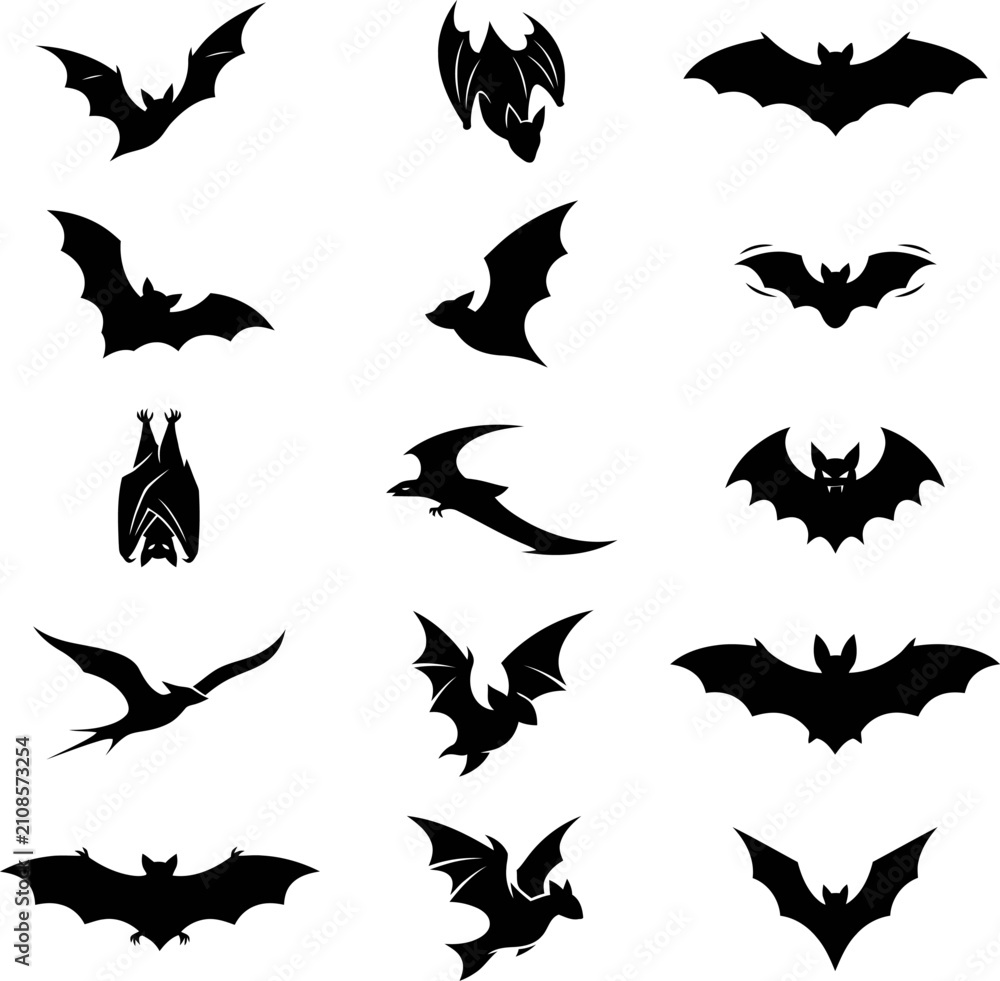 Fototapeta premium Black Bat Silhouettes Collection Vector Illustration With Various Wing Positions
