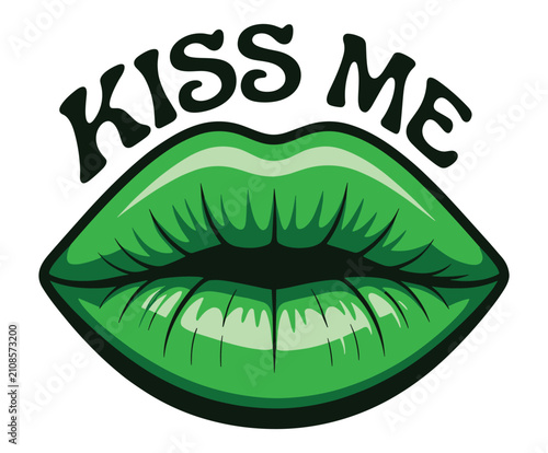 Obraz na płótnie Kiss me text with green lips featuring bold black typography and glossy bright g
