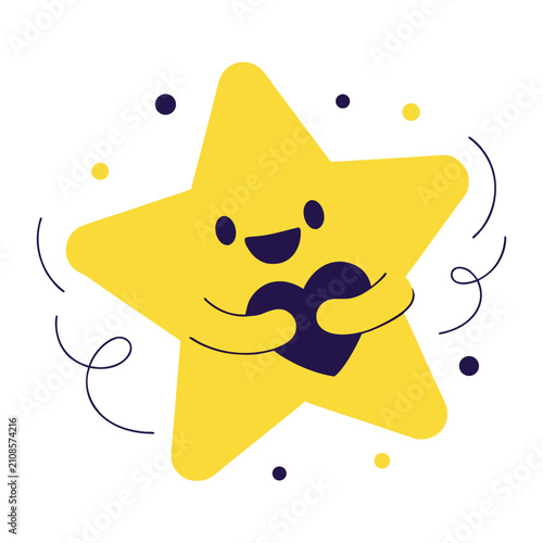 Yellow star character embracing purple heart vector illustration