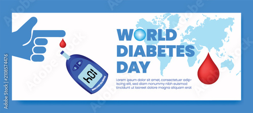 Cuadro en lienzo Professional world diabetes day web banner layout featuring blue hand icon with