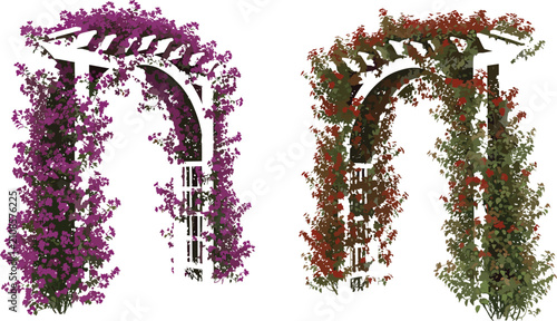 Bild auf Leinwand Elegant garden pergola tunnel vector illustration pair featuring architectural w