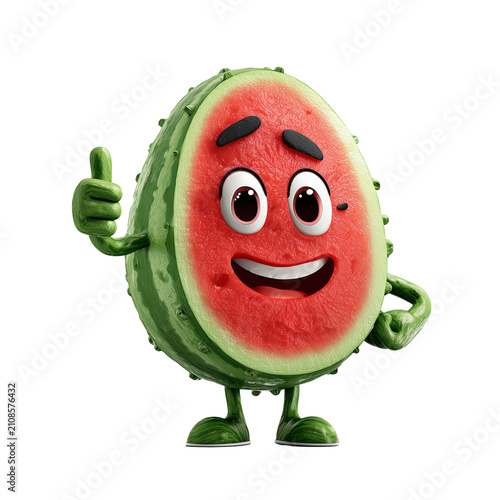  Happy 3D cartoon watermelon character jumping with excitement on transparent png background. Ai generated