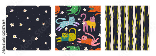 Whimsical Cute Cat Seamless Pattern Set Floral Elements Cartoon Cats Vector Background
