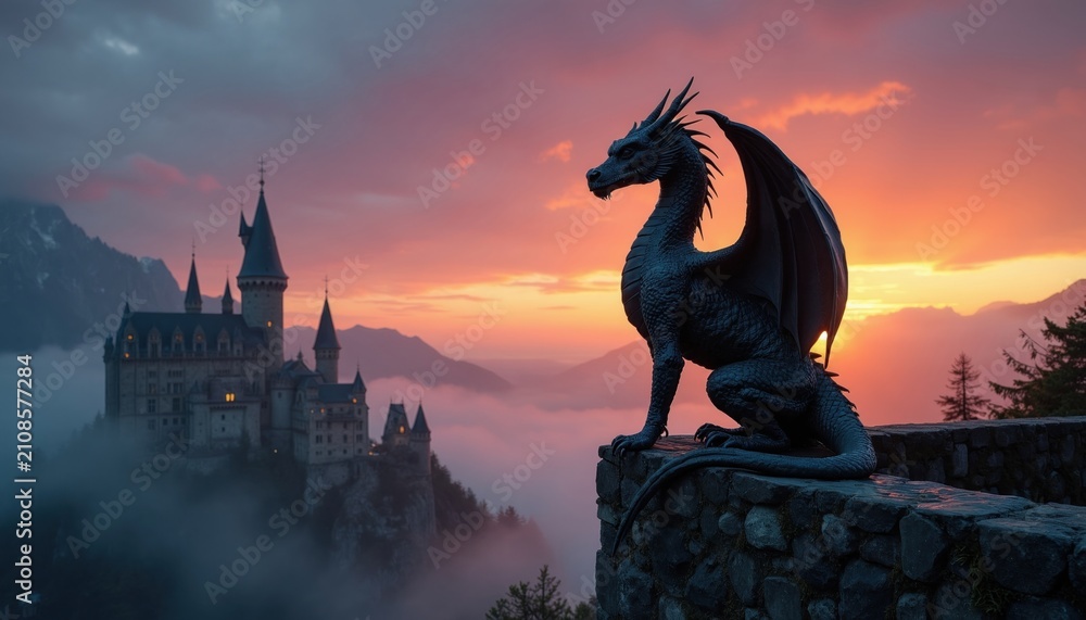 Obraz premium Stone dragon statue sits on wall ledge overlooking old medieval castle in mountains. Misty morning sky glows with sunset light. Ancient architecture stands amidst fog near peak. Fantasy creature