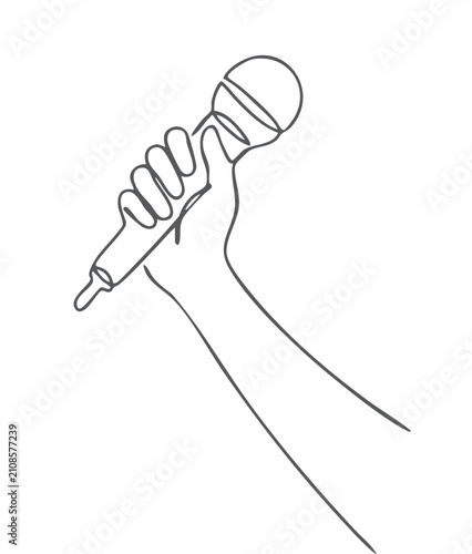Continuous one line drawing of hand holding microphone for live performance, public speaking, interview, and broadcasting isolated on white background