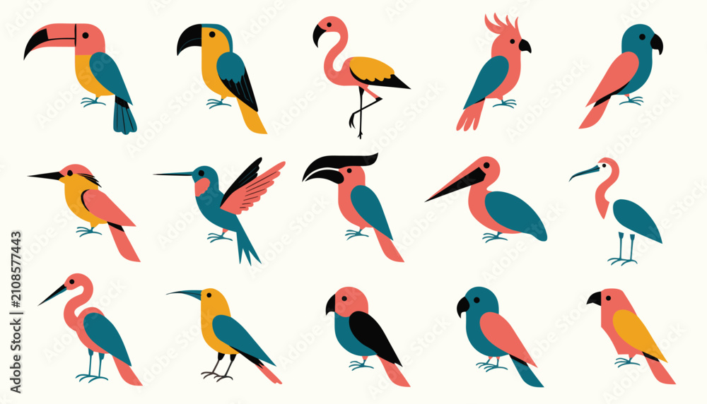 Obraz premium Set of colorful cartoon birds with unique characteristics and tropical features