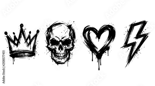 Collection of hand drawn graffiti brush illustrations featuring a crown skull heart and lightning
