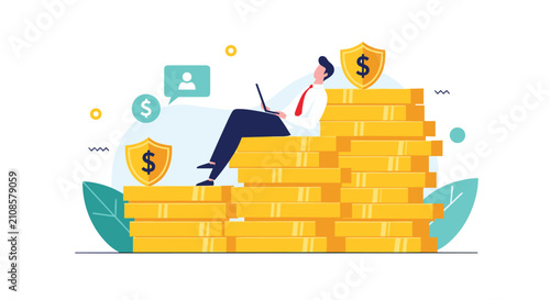 Businessman relaxing with a laptop on top of a golden coin staircase protected by security shields with dollar signs.