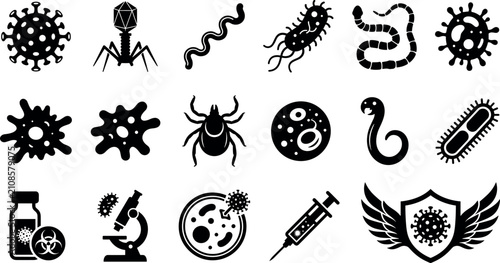 Cuadro en lienzo Microbiology and Virology Vector Icon Set Featuring Bacteria Cells, Viruses, Par