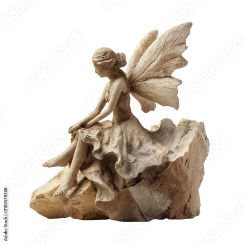 Large red bead necklace with po - Standing stone angel fairy sculpture with flowing robe and extended wings on transparent png background. Ai generated