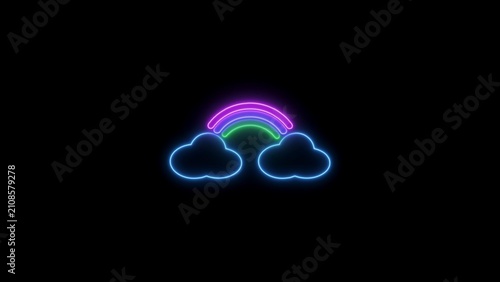 Rainbow with clouds neon icon. Rainbow neon sign. Glowing neon rainbow with clouds on black background. Neon Clouds and rainbow in the sky in cartoon style.
