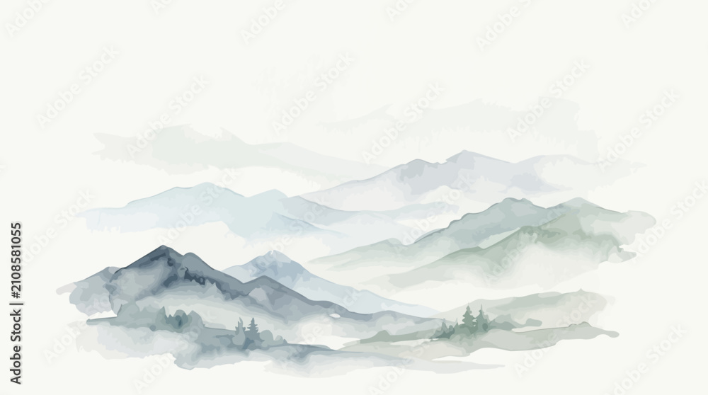 Fototapeta premium Misty Mountain Landscape Watercolor Painting - Serene Nature Scenery