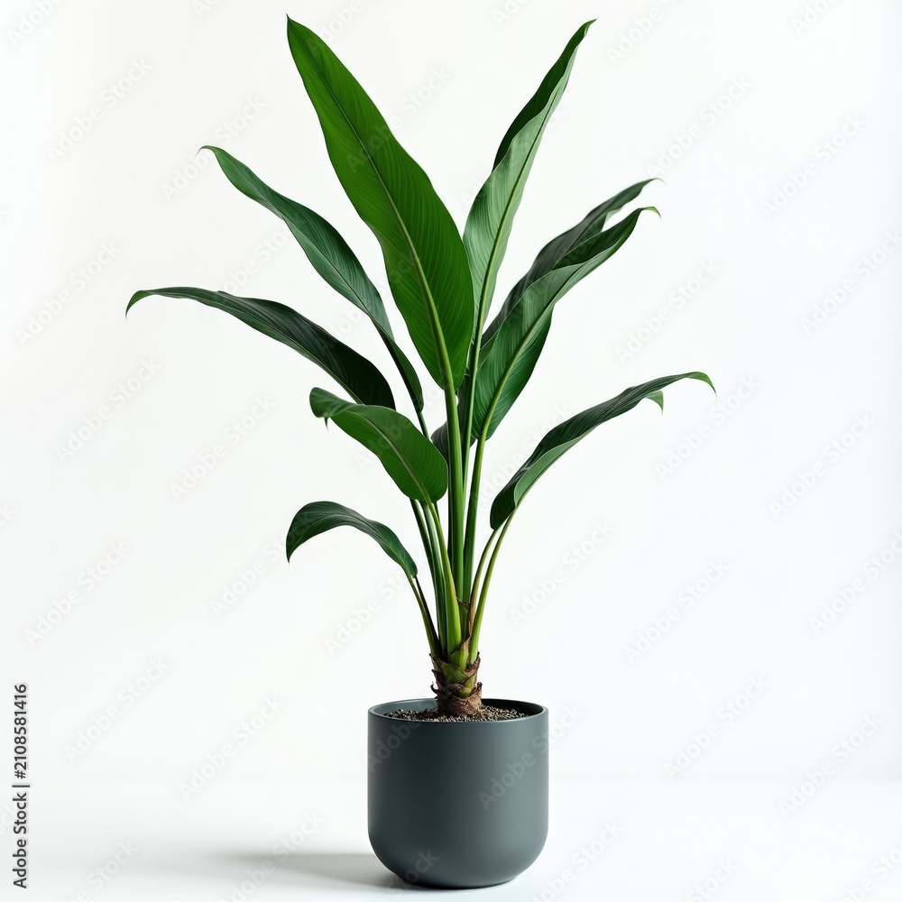 Obraz premium Green Strelitzia plant grows in dark ceramic pot on white background. Tropical houseplant with long large leaves stands isolated for modern interior decor. Natural botanical vegetation indoor for
