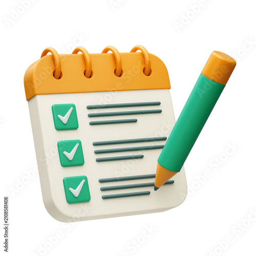 Spiral notepad with orange cover, green checkmarks, and large pencil illustration symbolizing productivity, task completion, organization, checklist, and to-do list icon design