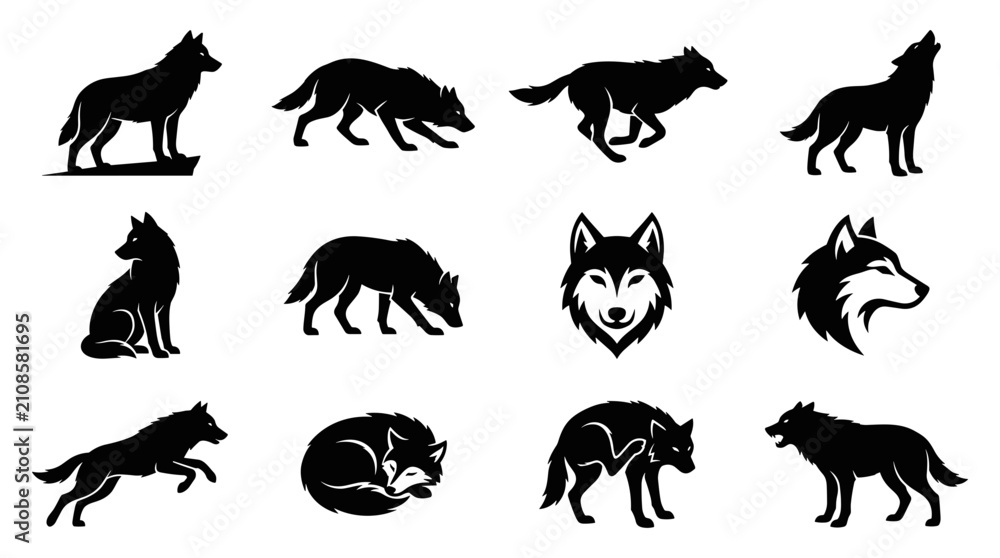 Fototapeta premium Wolves in Various Poses and Expressions as Black Silhouettes Featuring Wolf, Animal, Silhouette with White and Howling Elements