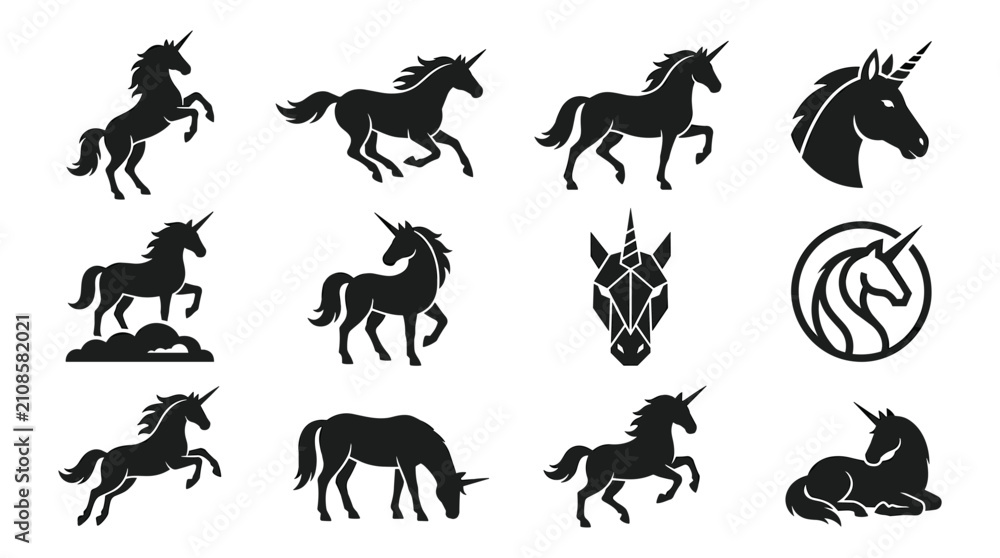 Obraz premium Unicorns in Various Poses and Styles, Black Silhouettes on White Background Featuring Unicorn, Mythical, Fantasy with Horse