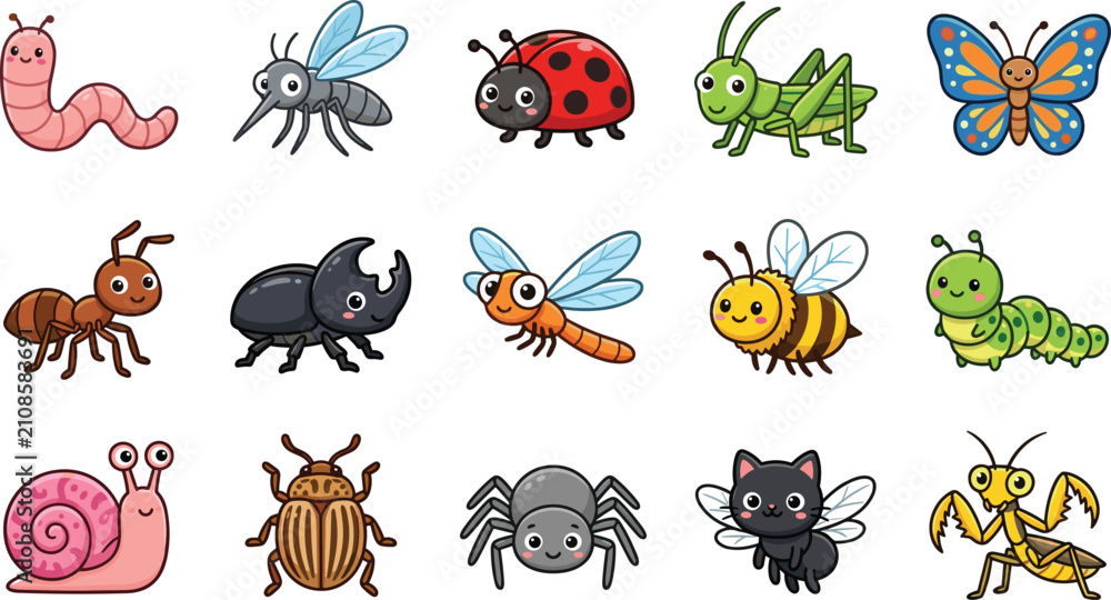 Obraz premium Cute cartoon insects and garden bugs vector collection set with butterfly bee ladybug snail ant and spider