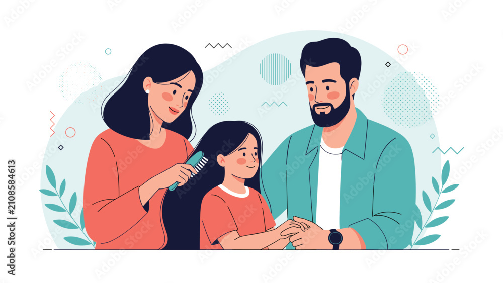 Fototapeta premium Caring mother brushes her young daughter's long dark hair while the loving father holds her hand tenderly.