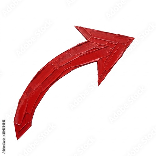 Red 3D textured arrow icon with carved sculpted paint effect, curved direction sign