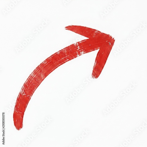 Red dry brush arrow, rough painted stroke curving upward on white