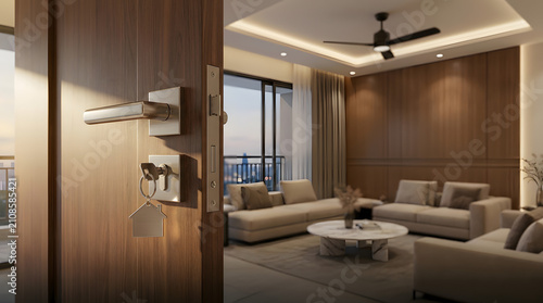 Modern Luxury Living Room Interior with Warm Wood Paneling and Contemporary Design