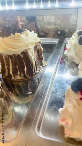 Vertical shot of sweet pastry food items. Baked goods arranged for sale. Food retail and UGC content. Sweet pastry displayed on a shop counter close-up.