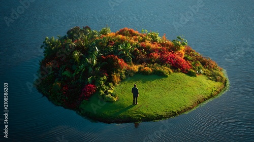 A man stands alone on a small lush island surrounded by calm water. This symbolizes solitude and reflection for.