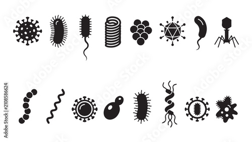 Foto Set of Black Bacteria and Virus Icons Isolated on White Background