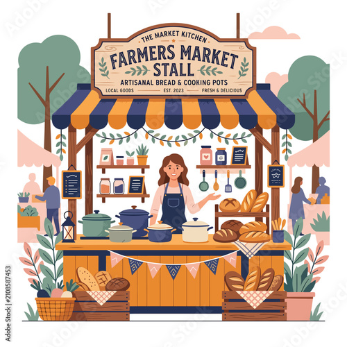 Vibrant illustration of a bustling farmers market stall with fresh produce.