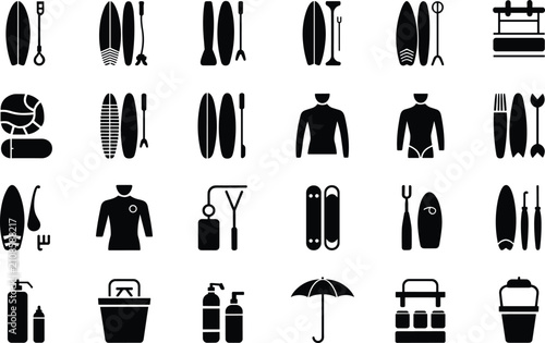 Foto Surfing equipment icons set featuring surfboards paddles and wetsuit vector illu