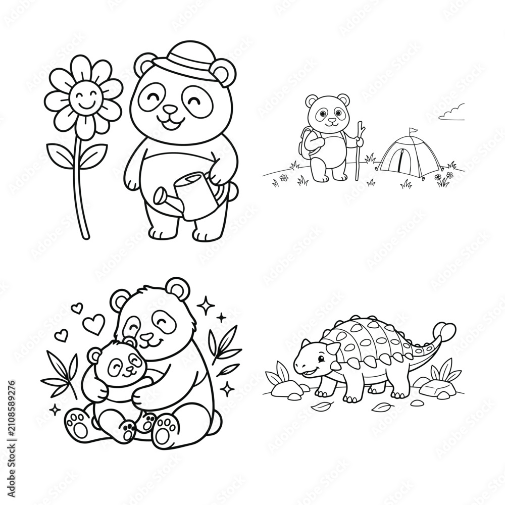 Obraz premium Adorable animal coloring page set panda bear and dinosaur designs for kids' creative activities