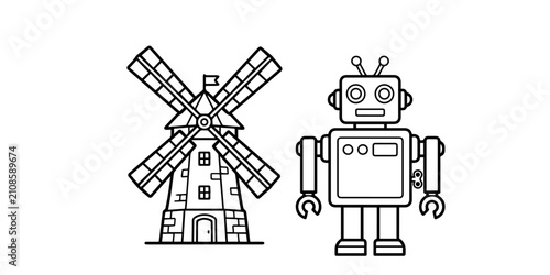 Line art illustration of a windmill and retro robot