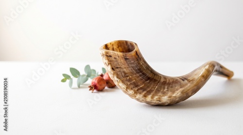 Traditional shofar close up on a white surface with small fruit seeds in the background. Ritual ram horn for the Rosh Hashanah religious holiday and Jewish High Holy Days ceremony themes.