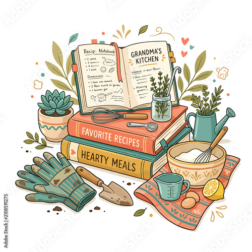 Fotografia Wooden crate filled with homemade hearty meal ingredients and recipe cards