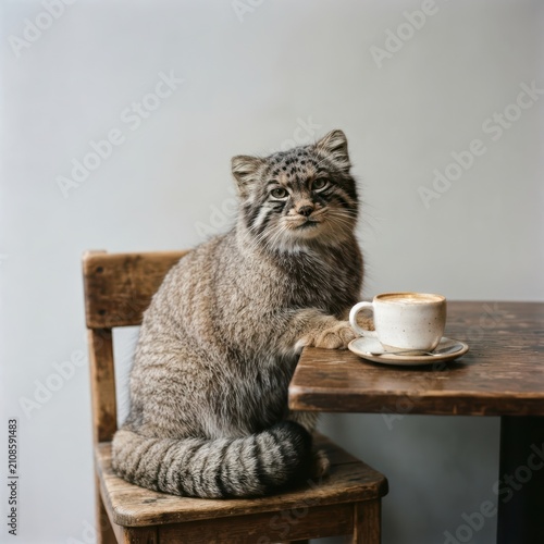 Charming hard-working funny cat at coffee shop in cozy minimalist home workspace