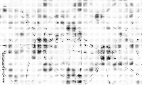 Halftone dot pattern abstract background with interconnected nodes and circular elements, digital art, futuristic network concept, dynamic mesh texture.