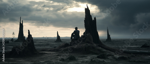 Survivor's Gaze: A lone figure contemplates a desolate, post-apocalyptic landscape, amidst the skeletal remains of ancient trees under a brooding, storm-laden sky.